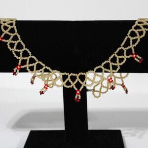 Handmade Collar Length Beaded Necklace Cream & Red